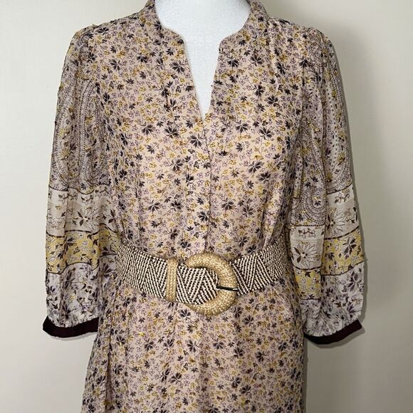 Ann Taylor XL Beige Plum Gold Lurex Paisley Floral Border Balloon Sleeve Dress - Picture 12 of 16